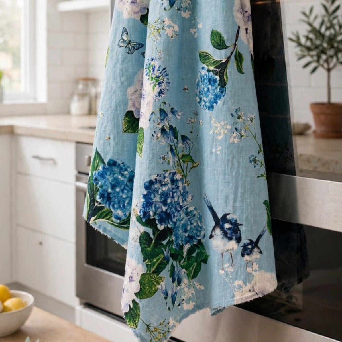 Blue Hydrangea and Finch Tea Towel