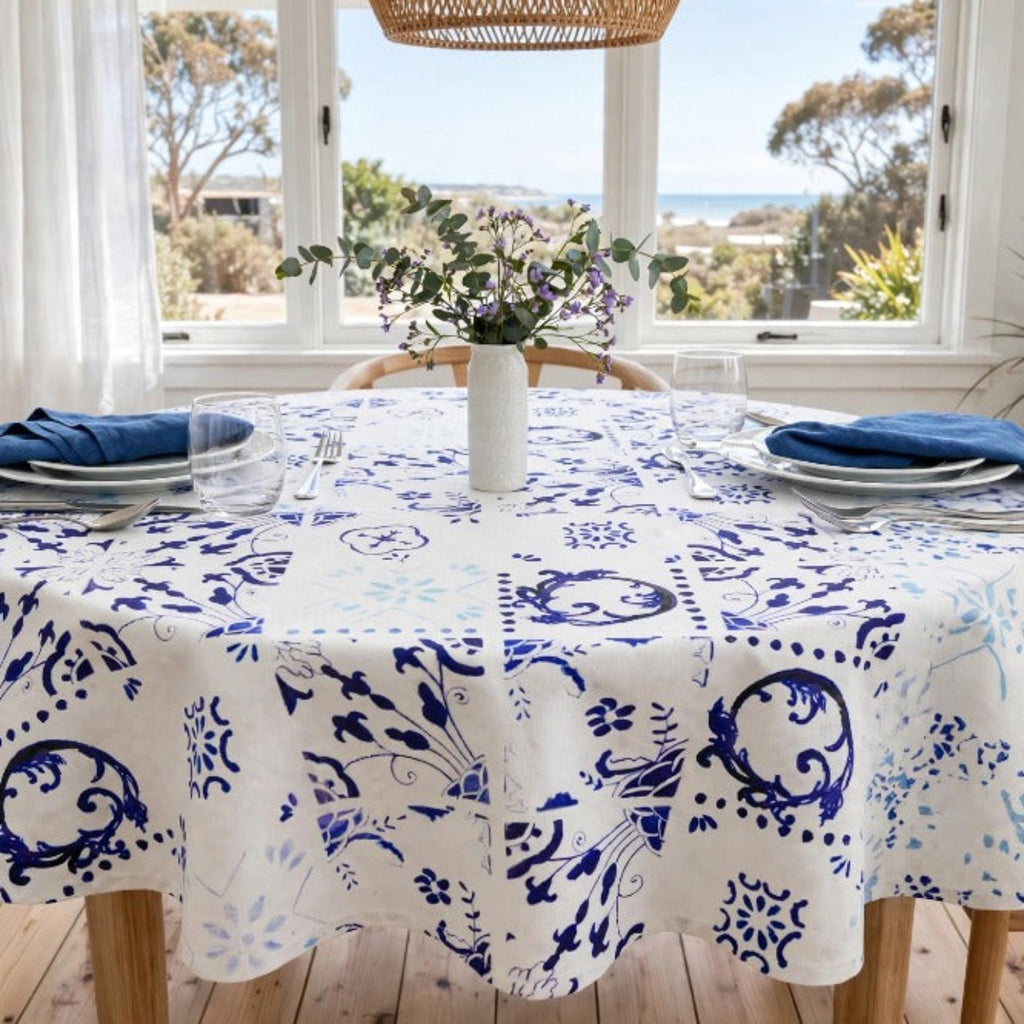 Blue & White Tile Tablecloth - Round