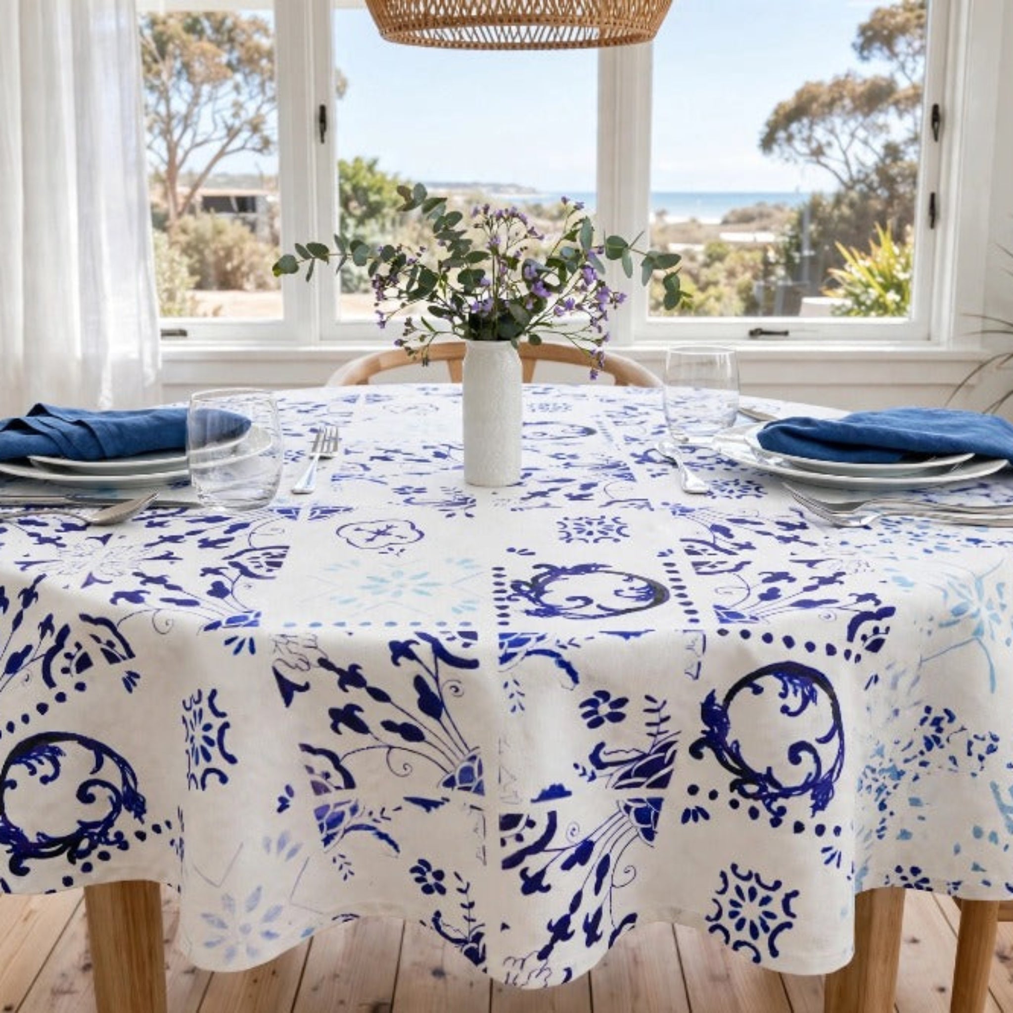 Blue & White Tile Tablecloth - Round