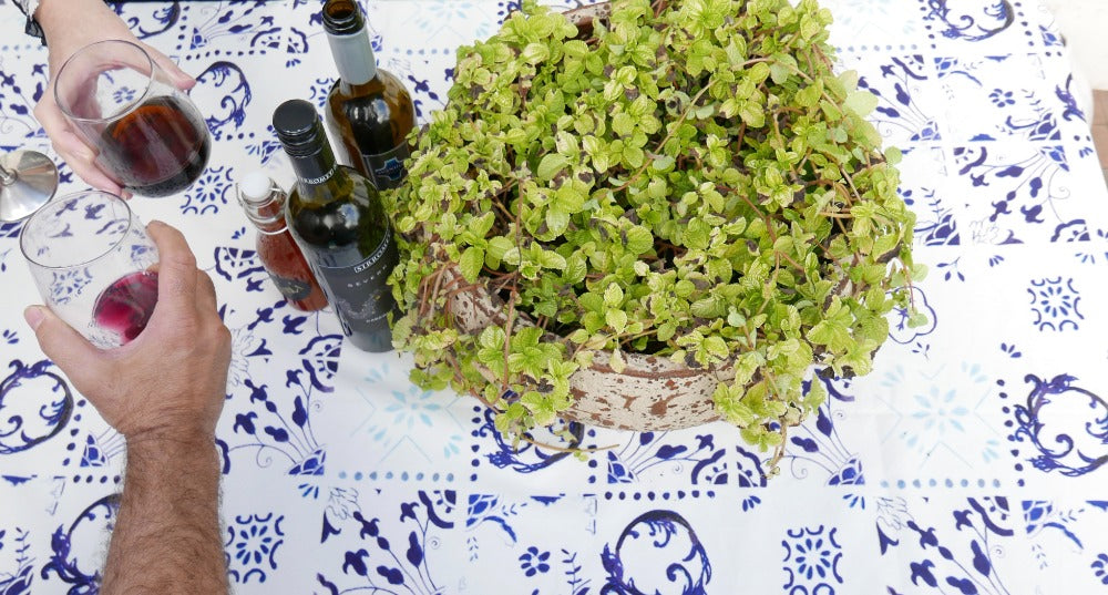 Blue & White Tile Tablecloth - Round