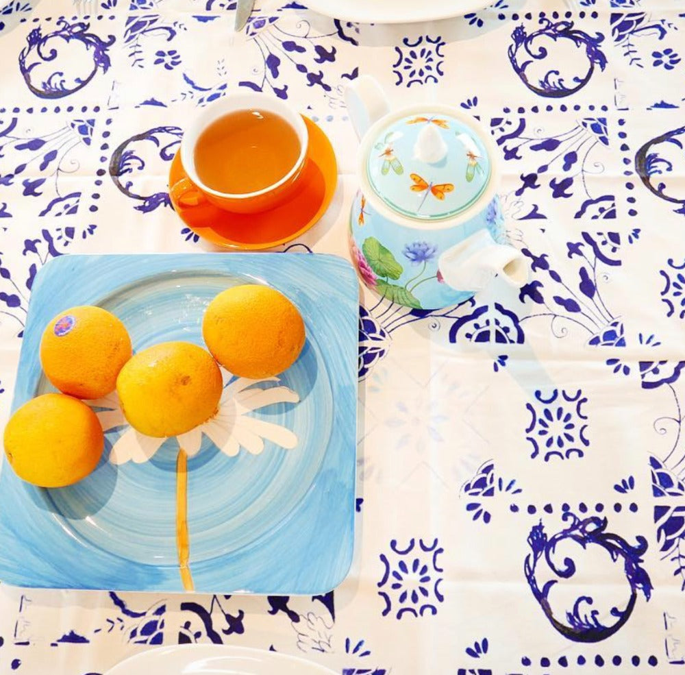 Blue & White Tile Tablecloth - Round