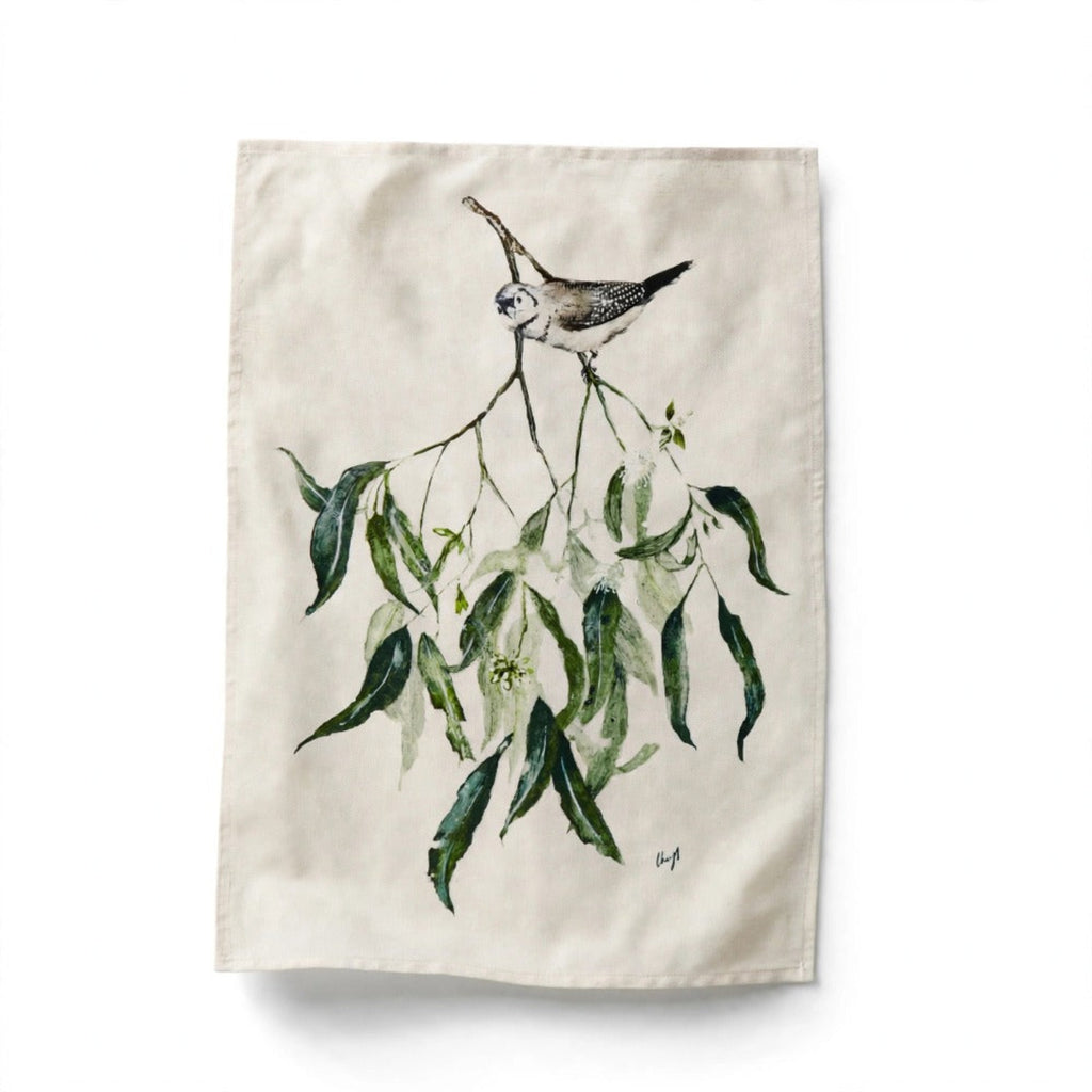 Double Barred Finch with Eucalyptus Tea Towel