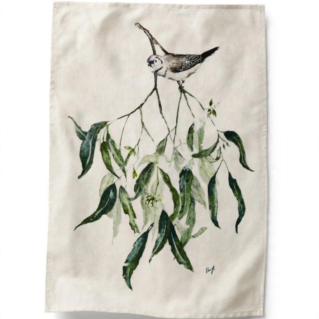 Double Barred Finch with Eucalyptus Tea Towel