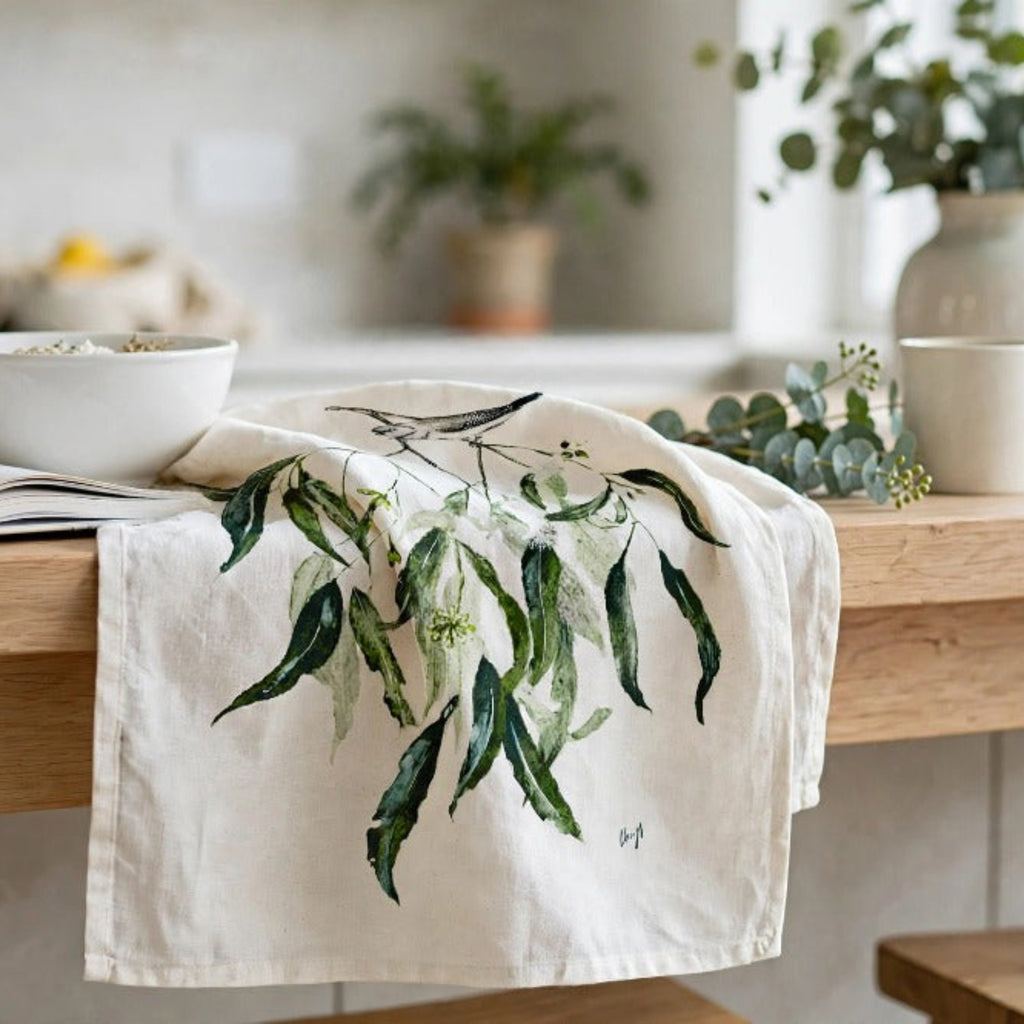 Double Barred Finch with Eucalyptus Tea Towel