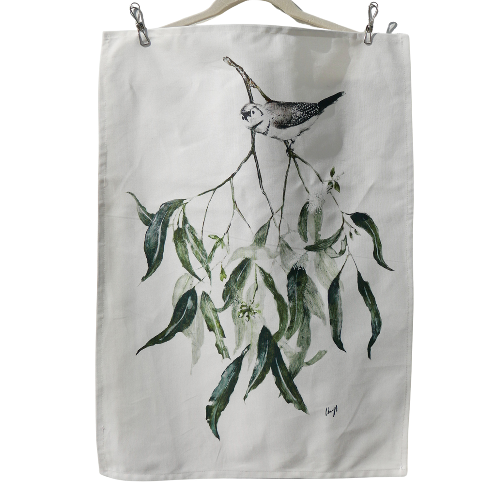 Double Barred Finch with Eucalyptus Tea Towel