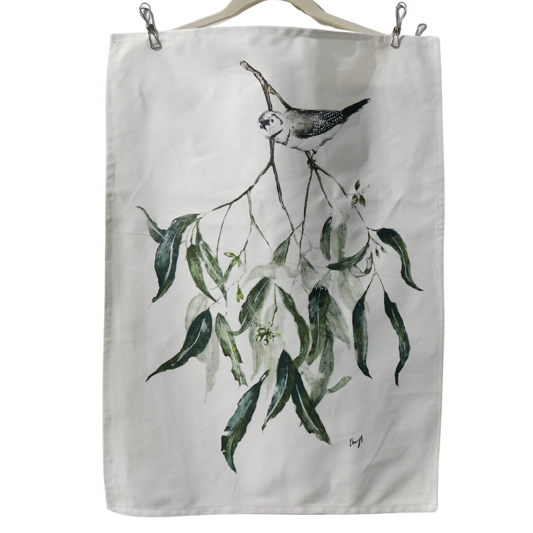 Double Barred Finch with Eucalyptus Tea Towel