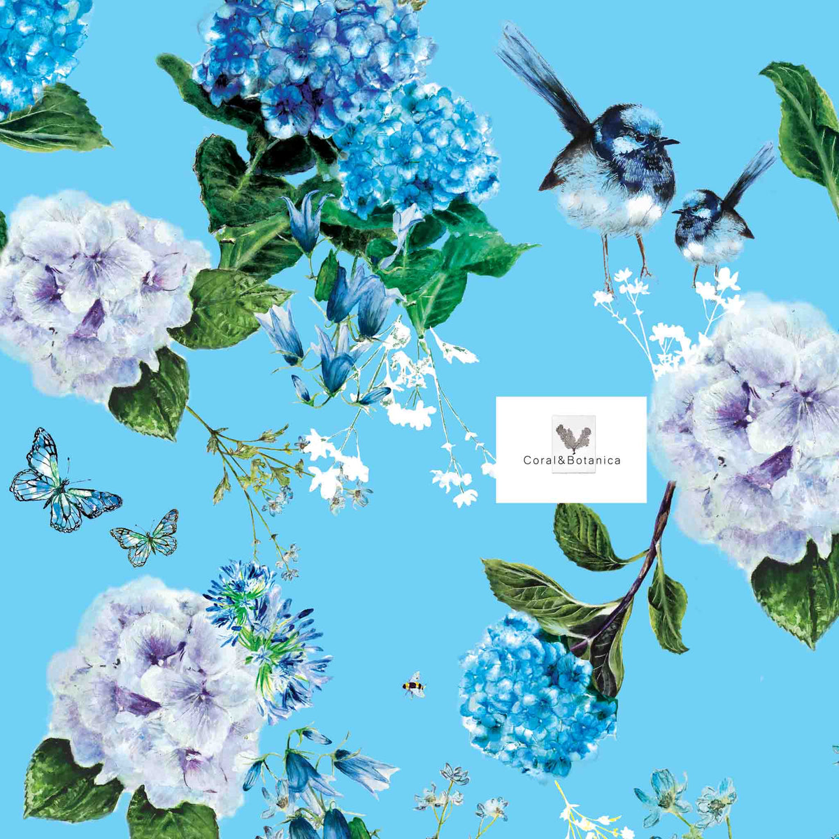 Blue Hydrangea and Finch Tea Towel